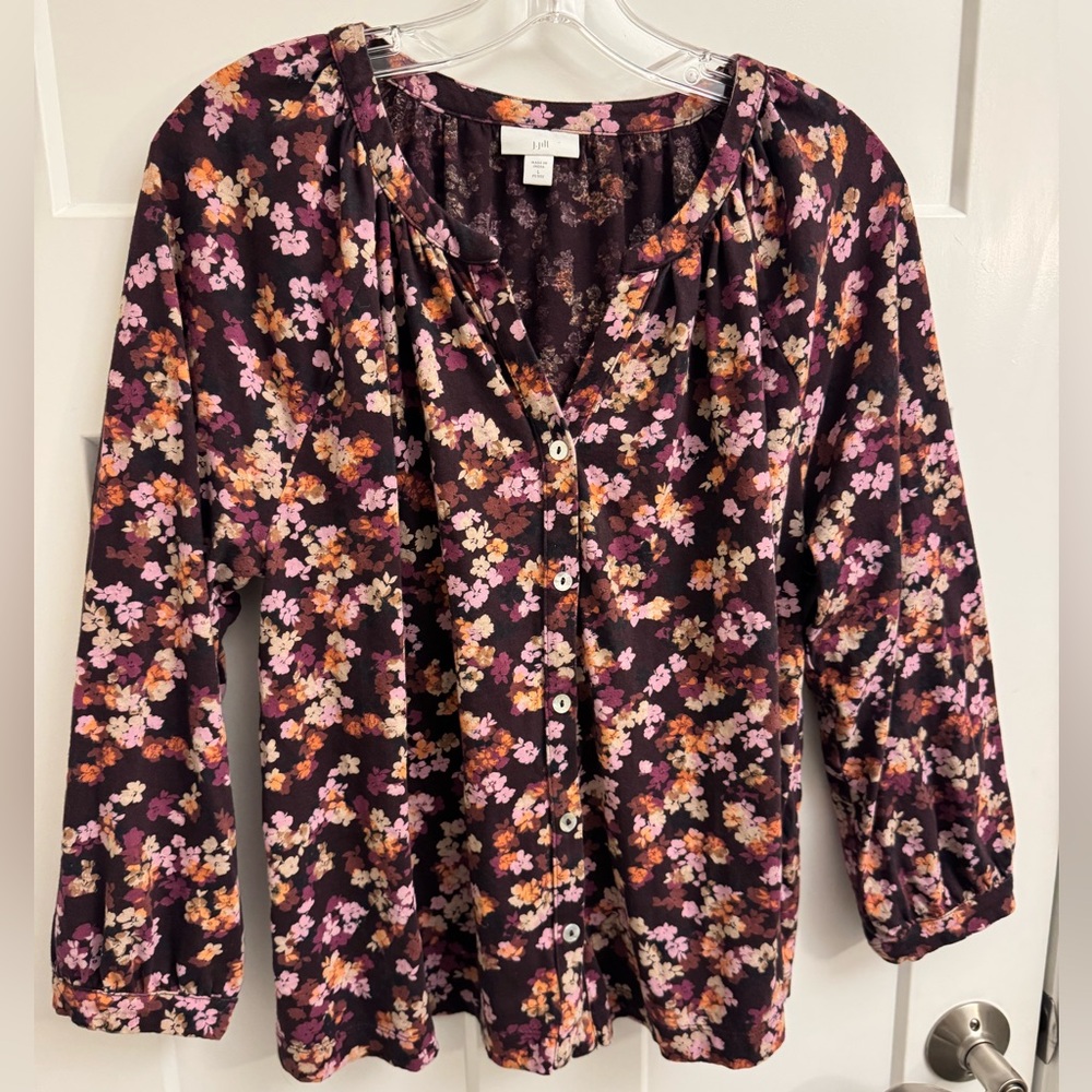 J Jill Floral Button Up Long Sleeve Shirt Sz Lg Petite Purple Pink Tan Orange